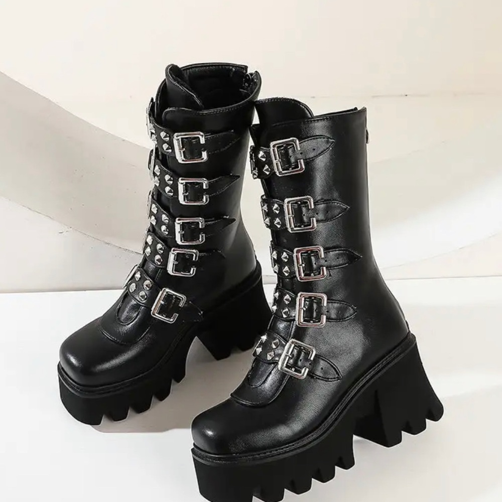 Women Boots Female Chunky High Heel Pumps  Gothic Punk Round Toe Shoes